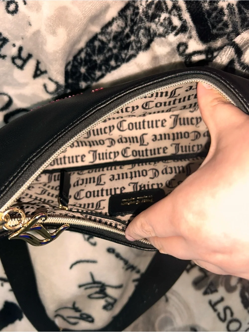 Juicy Couture Black Rhinestone Logo Shoulder Bag, Wallet, and Pouch Set